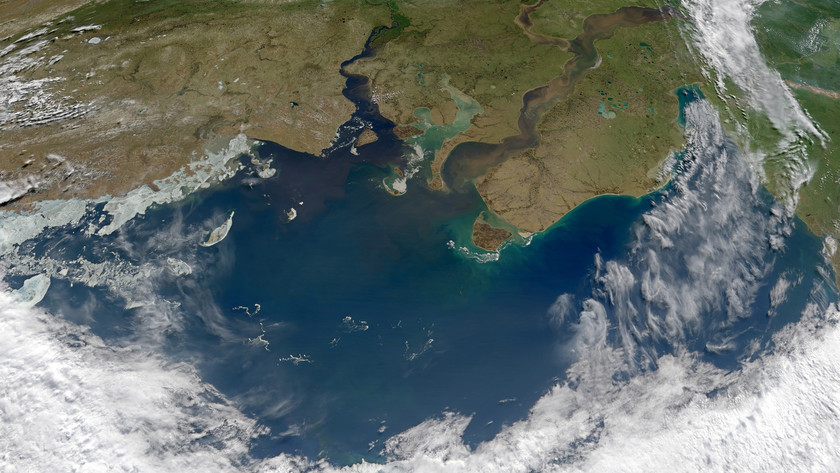 Satellite view of the Ob and Yenisei rivers as they carry sediments into the Kara Sea.